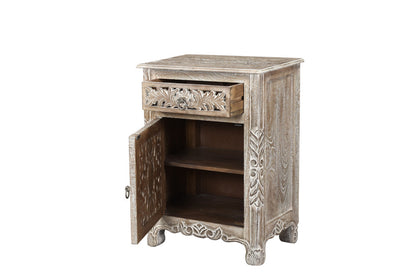 30" Distressed Gray One Drawer Carved Floral Solid Wood Nightstand