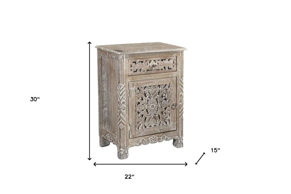 30" Gray Solid Wood Distressed One Drawer Nightstand