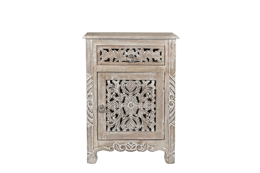 22" Gray One Drawer One Door Floral Carved Nightstand