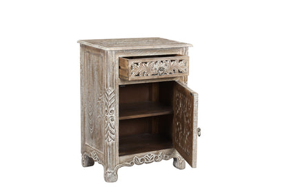 22" Gray One Drawer One Door Floral Carved Nightstand