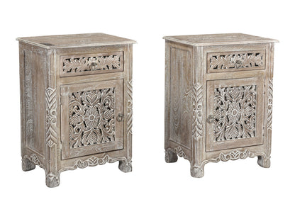 22" Gray One Drawer One Door Floral Carved Nightstand