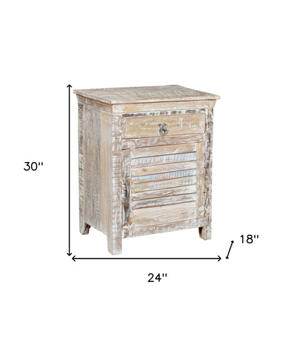 30" Distressed White One Drawer Shutter Solid Wood Nightstand