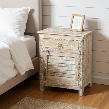 30" White Solid Wood Distressed One Drawer Nightstand
