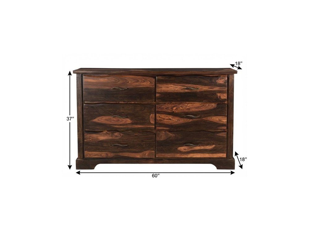 60" Dark Brown Live Edge Solid Wood Six Drawer Double Dresser