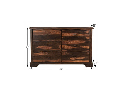 60" Dark Brown Live Edge Solid Wood Six Drawer Double Dresser