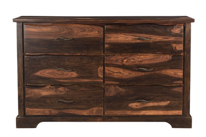 60" Dark Brown Live Edge Solid Wood Six Drawer Double Dresser