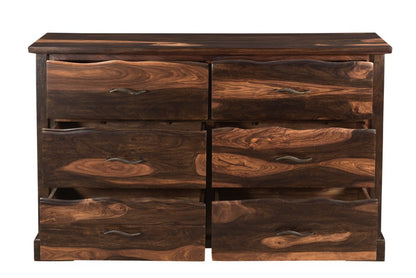 60" Dark Brown Live Edge Solid Wood Six Drawer Double Dresser