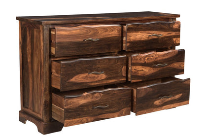 60" Dark Brown Live Edge Solid Wood Six Drawer Double Dresser