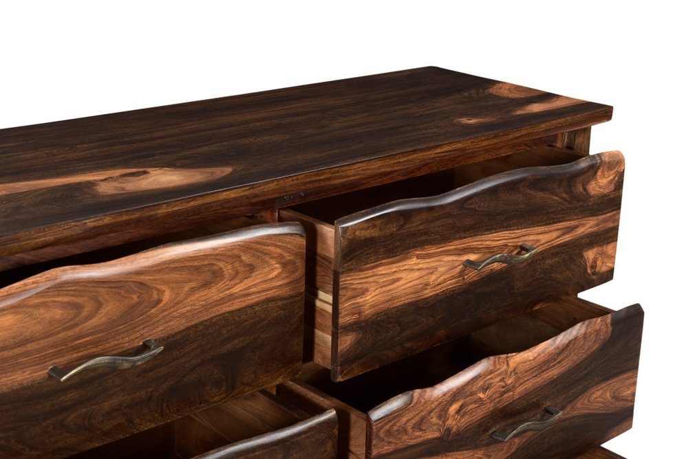 60" Dark Brown Live Edge Solid Wood Six Drawer Double Dresser