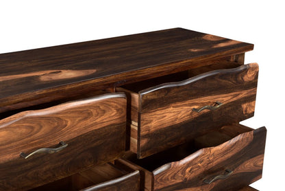60" Dark Brown Live Edge Solid Wood Six Drawer Double Dresser