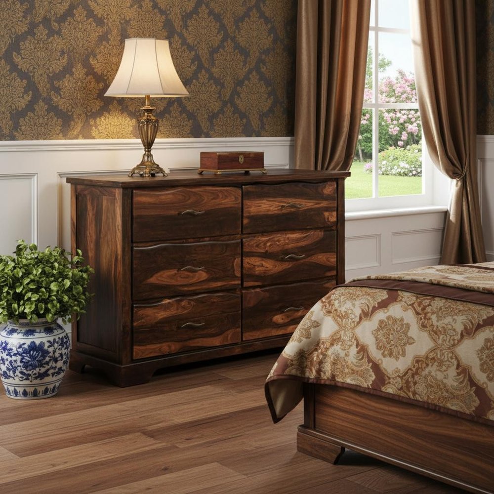 60" Dark Brown Live Edge Solid Wood Six Drawer Double Dresser