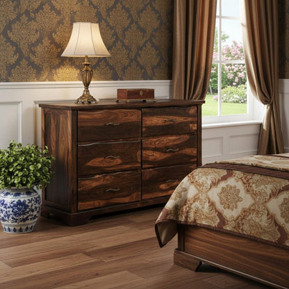 60" Dark Brown Live Edge Solid Wood Six Drawer Double Dresser