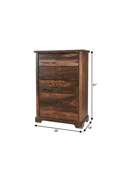 36" Dark Brown Live Edge Solid Wood Five Drawer Dresser