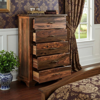 36" Dark Brown Live Edge Solid Wood Five Drawer Dresser