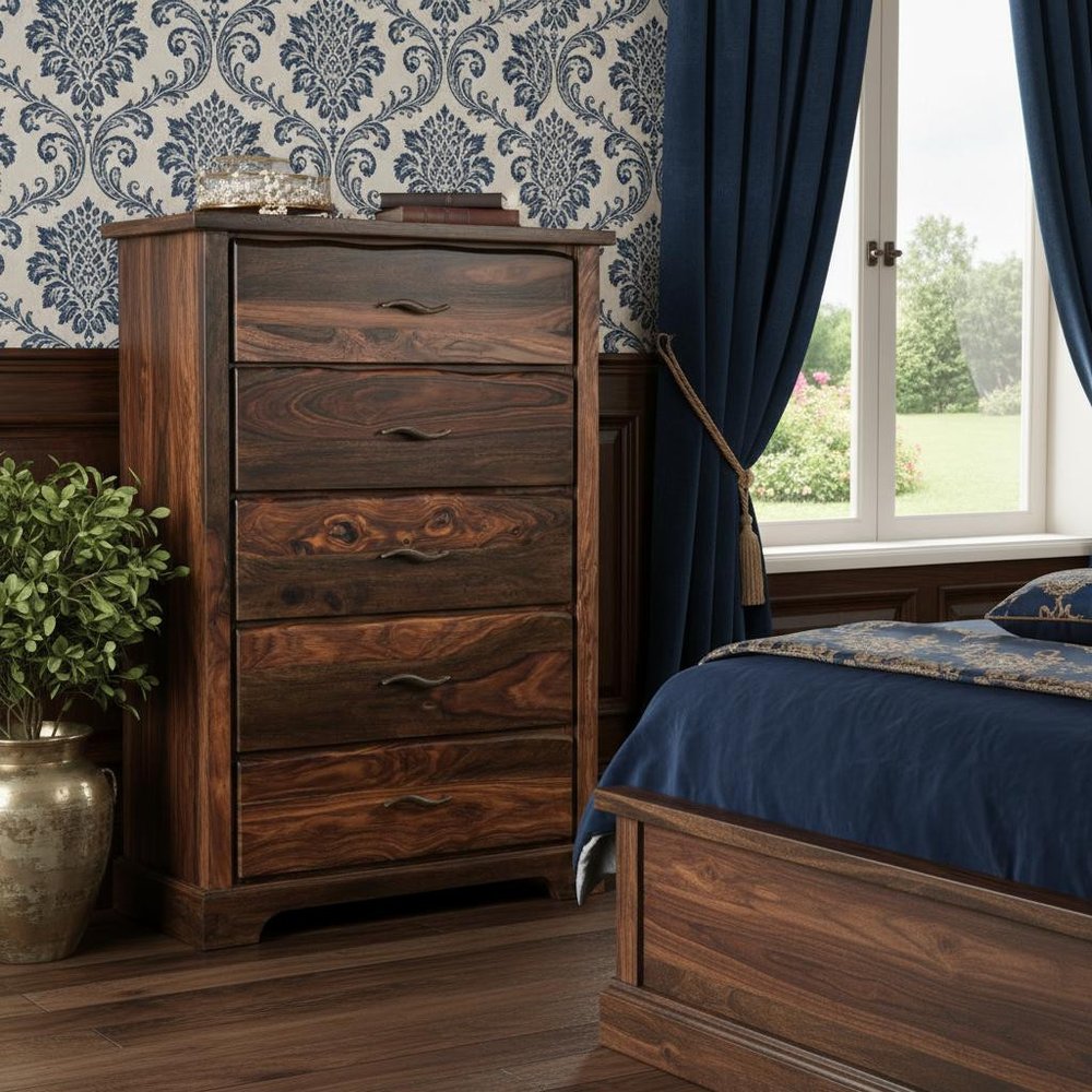 36" Dark Brown Live Edge Solid Wood Five Drawer Dresser