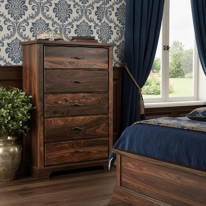 36" Dark Brown Live Edge Solid Wood Five Drawer Dresser