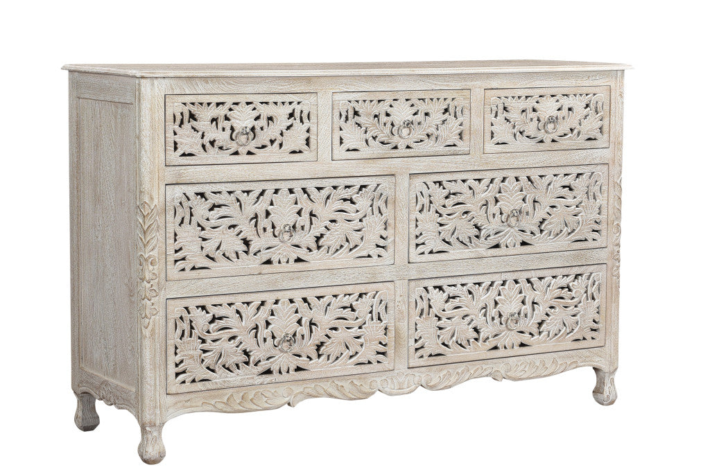 57" White Solid Wood Seven Drawer Dresser