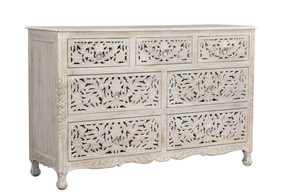 57" White Carved Floral Solid Wood Seven Drawer Dresser