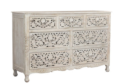 57" White Carved Floral Solid Wood Seven Drawer Dresser