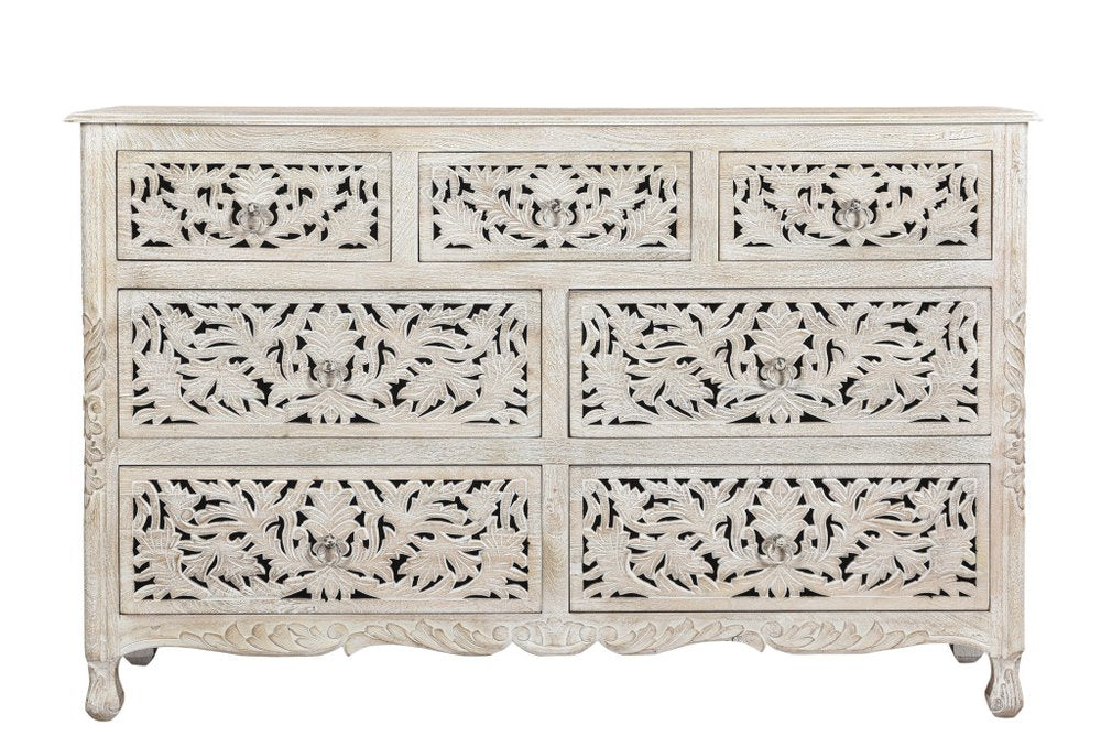 57" White Carved Floral Solid Wood Seven Drawer Dresser