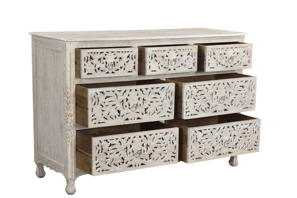 57" White Solid Wood Seven Drawer Dresser