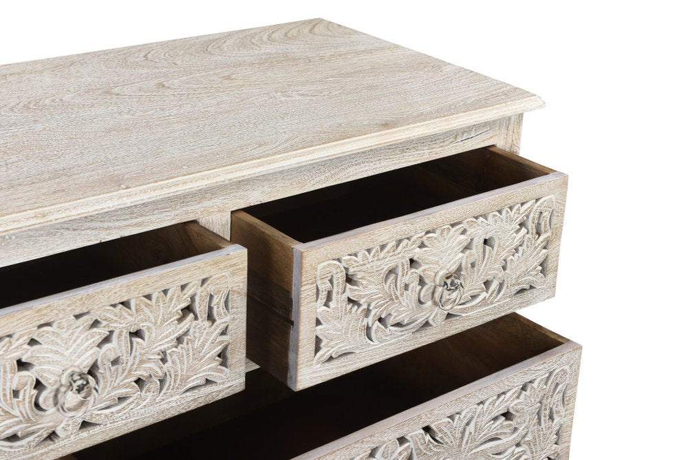 57" White Carved Floral Solid Wood Seven Drawer Dresser