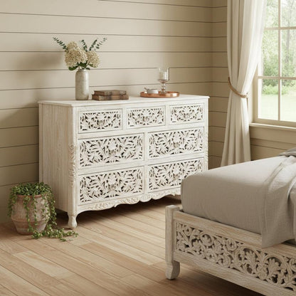 57" White Solid Wood Seven Drawer Dresser