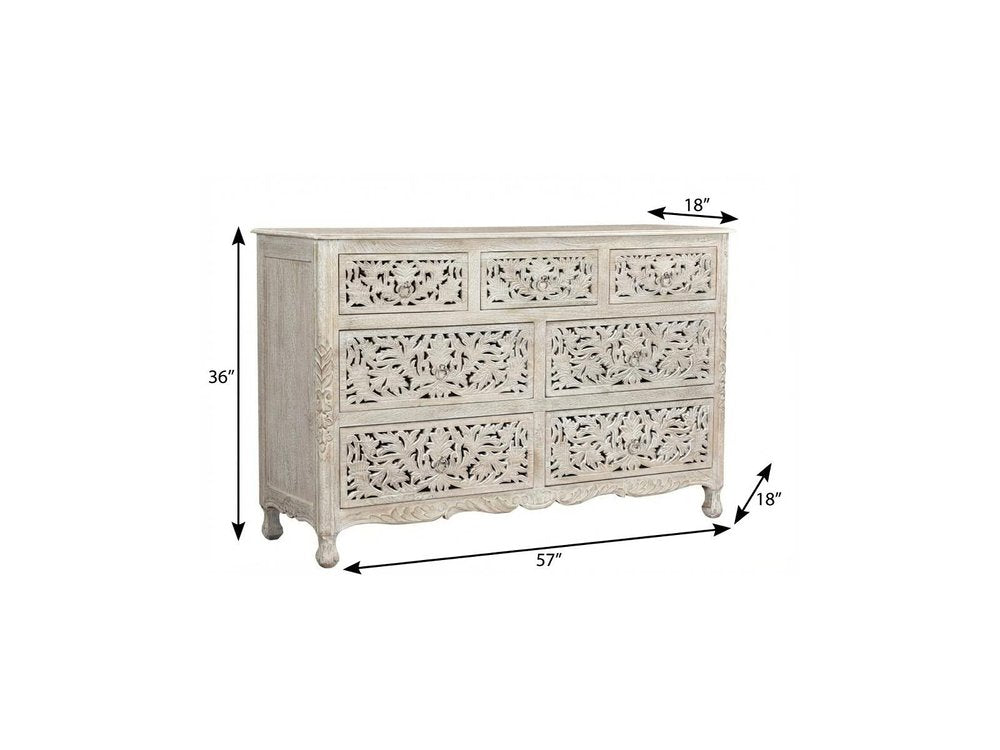 57" White Solid Wood Seven Drawer Dresser