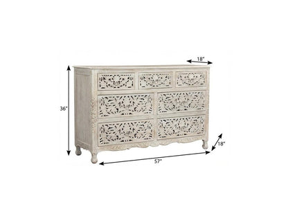 57" White Solid Wood Seven Drawer Dresser