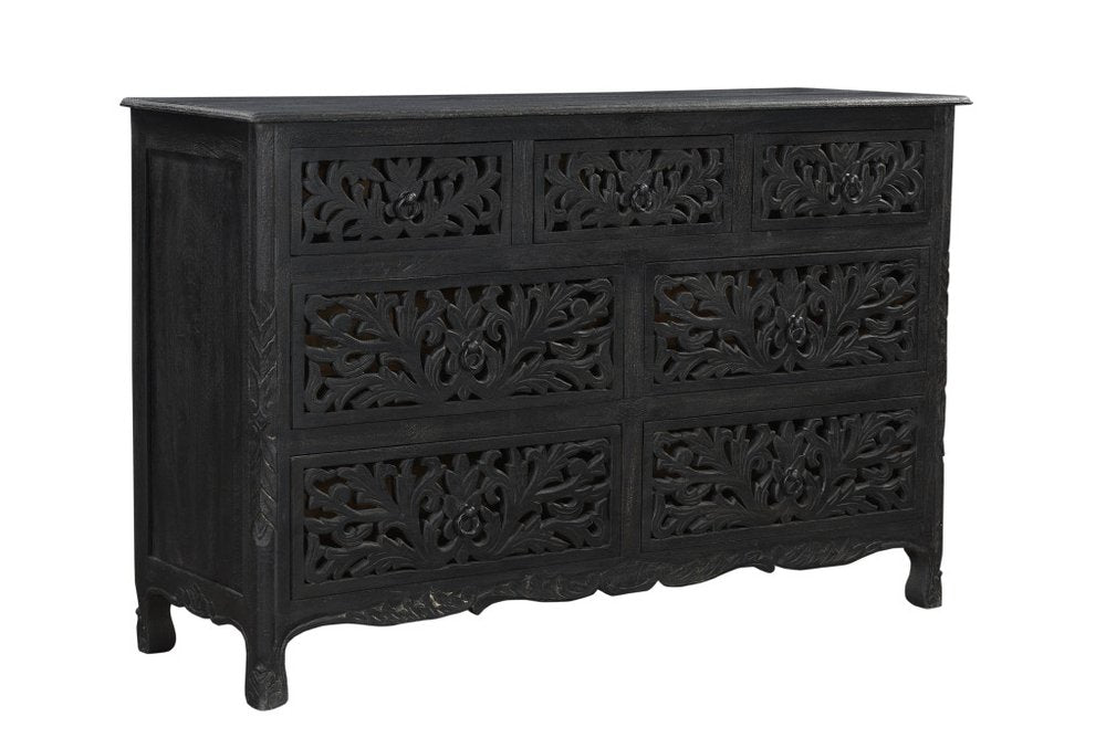 57" Black Carved Floral Solid Wood Seven Drawer Dresser