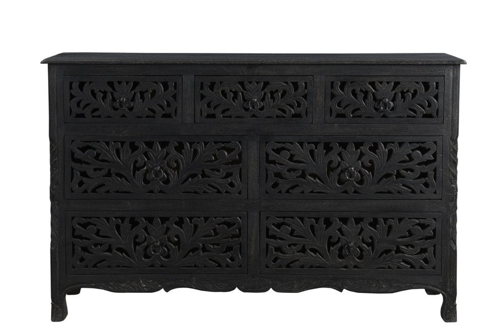 57" Black Carved Floral Solid Wood Seven Drawer Dresser