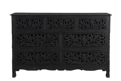 57" Black Carved Floral Solid Wood Seven Drawer Dresser