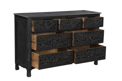 57" Black Carved Floral Solid Wood Seven Drawer Dresser