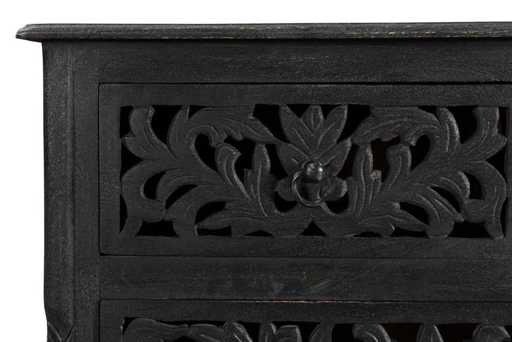 57" Black Carved Floral Solid Wood Seven Drawer Dresser