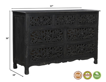 57" Black Solid Wood Seven Drawer Dresser