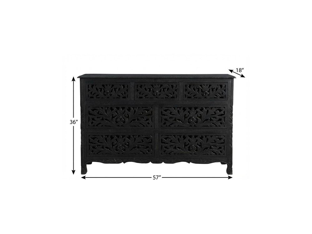 57" Black Carved Floral Solid Wood Seven Drawer Dresser