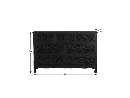 57" Black Carved Floral Solid Wood Seven Drawer Dresser