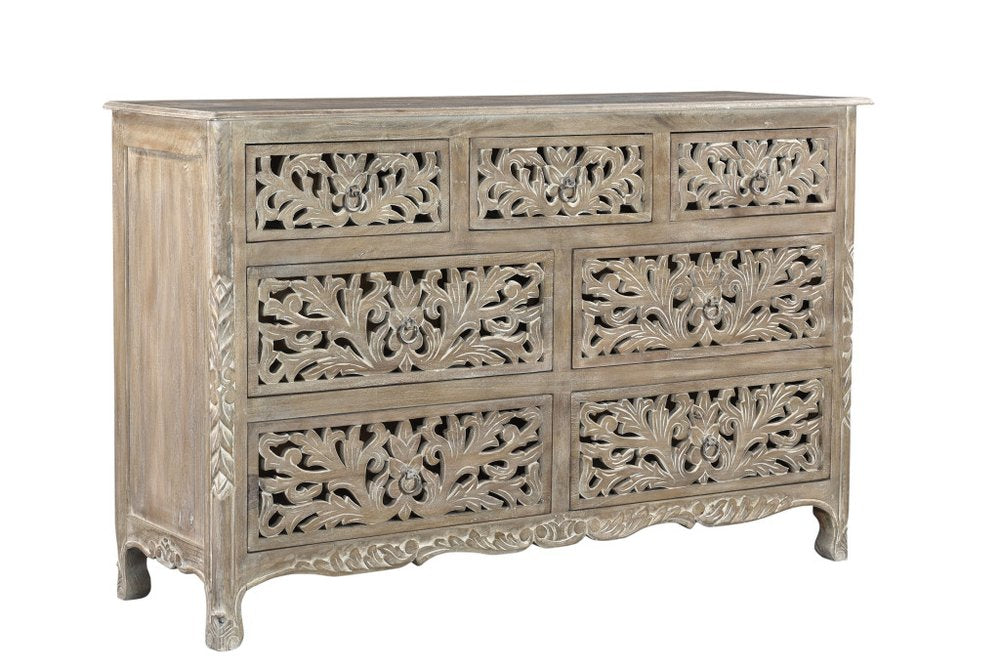 57" Gray Carved Floral Solid Wood Seven Drawer Dresser