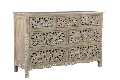 57" Gray Carved Floral Solid Wood Seven Drawer Dresser