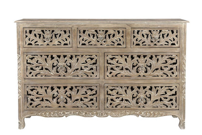 57" Gray Carved Floral Solid Wood Seven Drawer Dresser