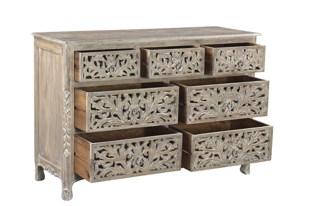 57" Gray Carved Floral Solid Wood Seven Drawer Dresser