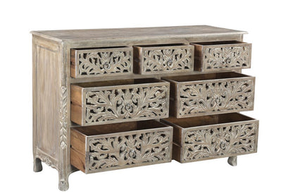 57" Gray Carved Floral Solid Wood Seven Drawer Dresser