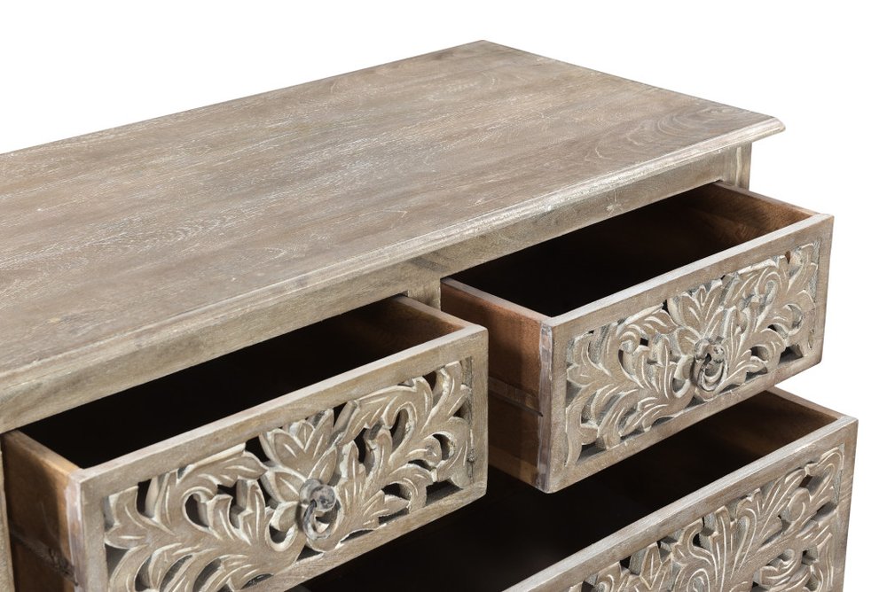 57" Gray Carved Floral Solid Wood Seven Drawer Dresser