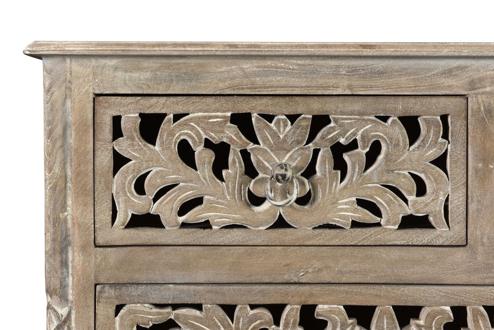 57" Gray Carved Floral Solid Wood Seven Drawer Dresser
