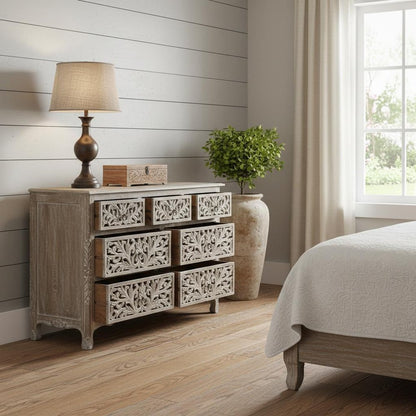 57" Gray Solid Wood Seven Drawer Dresser
