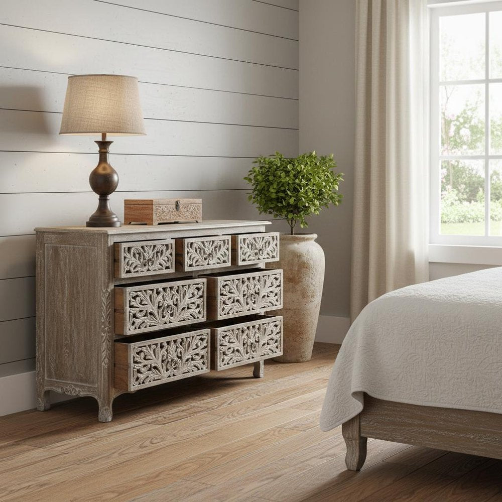 57" Gray Solid Wood Seven Drawer Dresser