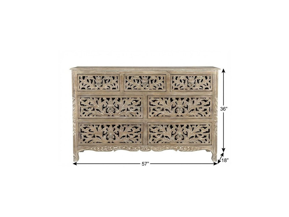 57" Gray Solid Wood Seven Drawer Dresser