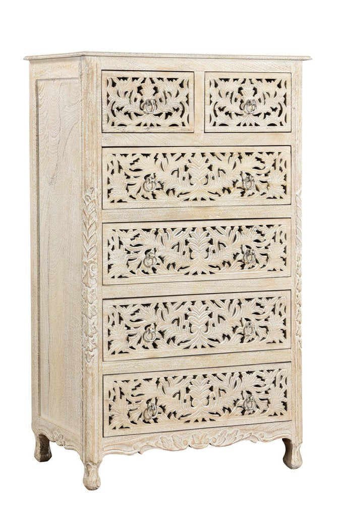 35" White Carved Floral Solid Wood Six Drawer Dresser