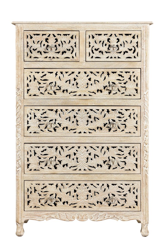 35" White Carved Floral Solid Wood Six Drawer Dresser
