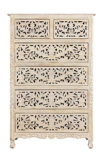 35" White Carved Floral Solid Wood Six Drawer Dresser